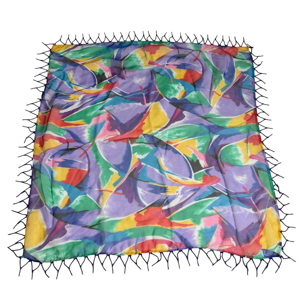 Vintage Abstract Watercolor Beaded Fringe Square Scarf Purple Green Multi Color